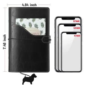 Soft-touch PU leather, Pocket in front design for tickets passport and max 6.7 inch phone.
Light-weight and personal size suit for travel, inside can hold 80-100 sheets 6-hole filler paper, budget envelope or other insert pages as your like.