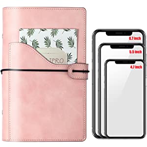 Soft-touch PU leather, Pocket in front design for tickets passport and max 6.7 inch phone.
Light-weight and personal size suit for travel, inside can hold 80-100 sheets 6-hole filler paper, budget envelope or other insert pages as your like.