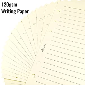 120gsm thick good quality writing paper, No ink feathering No bleeding and No ghosting.
22 lines for each page, 7mm ruled appropriate for writing.
